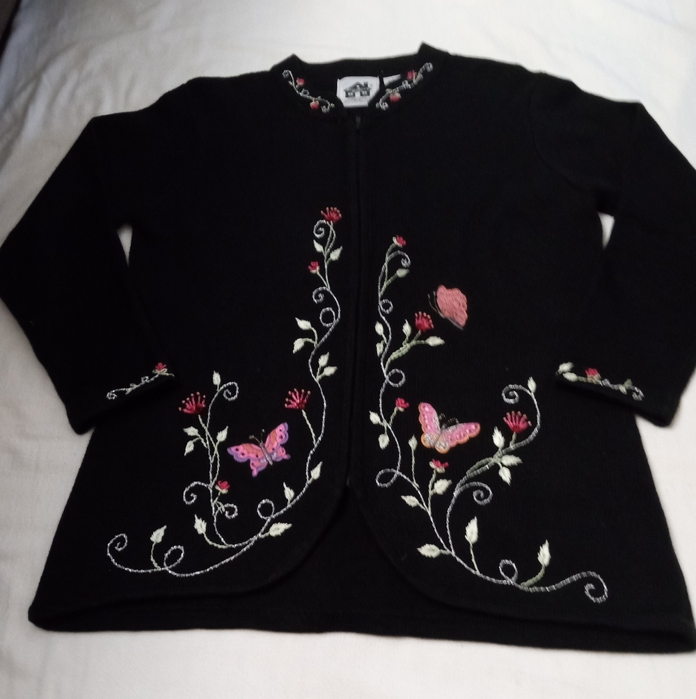 STORYBOOK KNITS Black Cardigan with Floral and Butterfly Garden Embroidery L